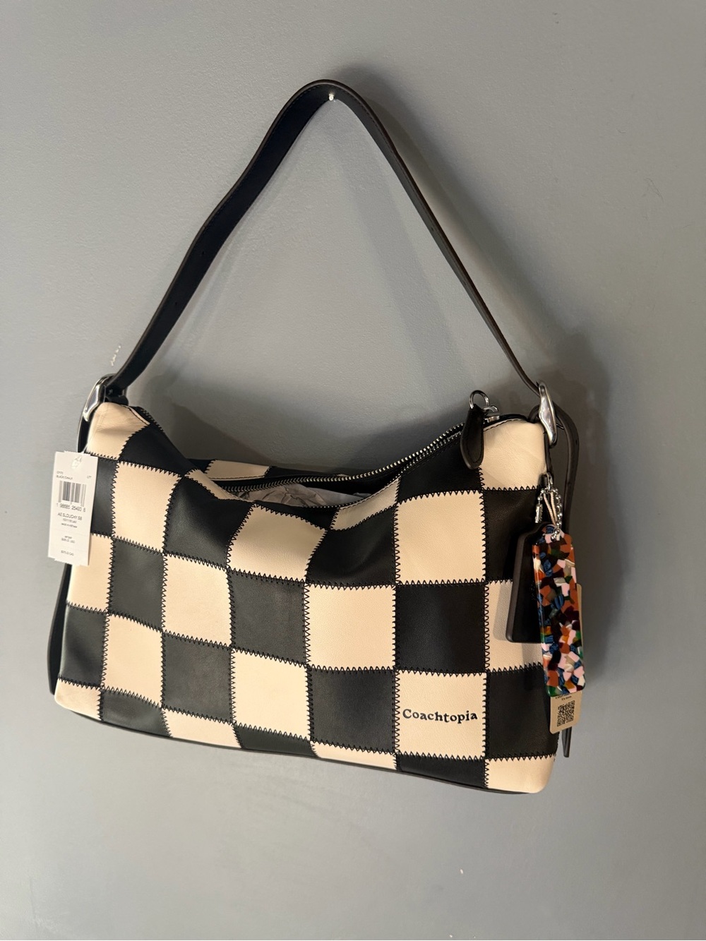 NWT Coach Coachtopia Black and Cream Checker Shoulder Bag with Multicolor Charm